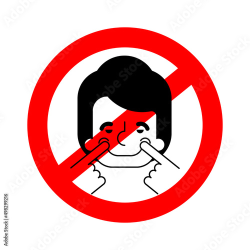 Ban Fake smile. Stop counterfeit joy. Red road Forbidding sign Stretch smile with your fingers.