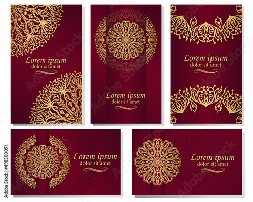 A set of five gorgeous mandala vector patterns. Golden ethnic ornament on burgundy background. Oriental pattern in postcards, labels, posters, invitations, packages. Luxury in your design