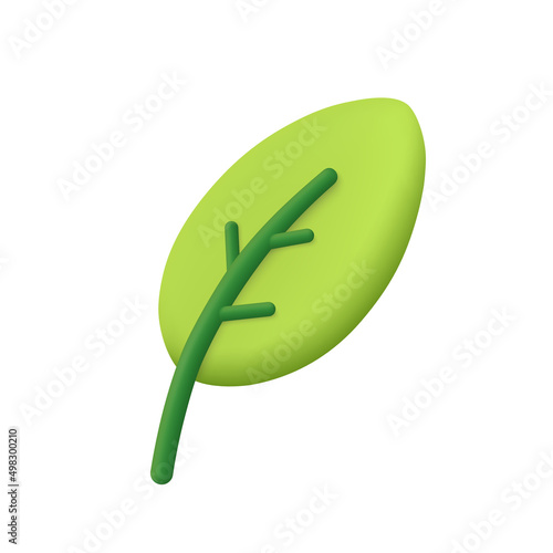 Fototapeta Naklejka Na Ścianę i Meble -  Leaf of tree and plant. Ecology, bio and natural products concept. 3d vector icon. Cartoon minimal style.