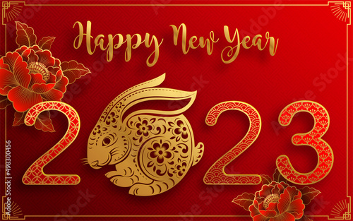 Happy chinese new year 2023 year of the rabbit zodiac sign with flower lantern asian elements gold paper cut style on color Background.  Translation   Happy new year 