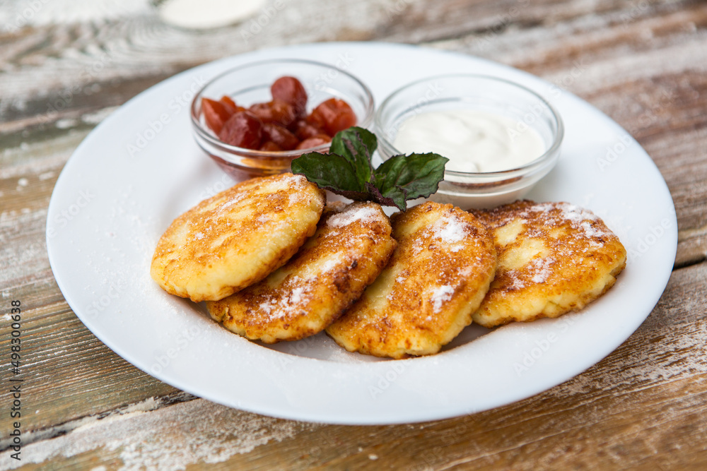 Ideal breakfast with pancakes and eggs. Ideal breakfast with pancakes and eggs.