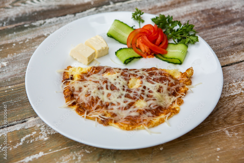 Ideal breakfast with pancakes and eggs. Ideal breakfast with pancakes and eggs.