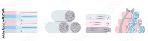 Bath towel set. Flat stack, roll, slide of textile rags for home and body care. Flat vector illustration. Eps10