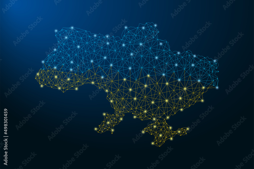 Low poly Ukraine map in blue yellow Ukrainian flag colors. Ukraine map made by low polygonal wireframe mesh on blue background. Vector.