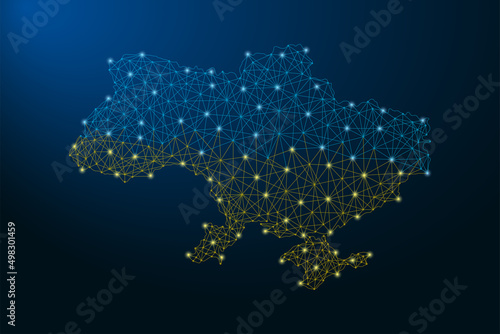 Low poly Ukraine map in blue yellow Ukrainian flag colors. Ukraine map made by low polygonal wireframe mesh on blue background. Vector.