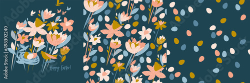 Flowers and eggs Easter vector seamless patterns