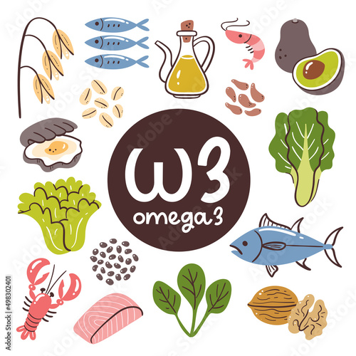 Food products rich in Omega 3. Cooking ingredients. Vegetables, seafood, oil, grains, nuts.