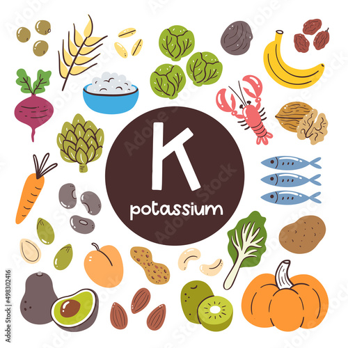 Food products rich in Potassium. Cooking ingredients. Fruits, vegetables, legumes, nuts, dairy, seafood.