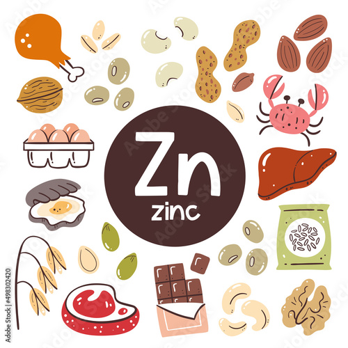 Food products rich in Zinc. Cooking ingredients. Meat, chocolate, legumes, grain, nuts, seafood.