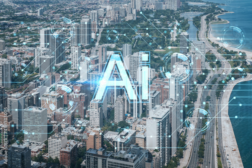 Fototapeta premium Aerial panorama city, Chicago downtown area and Lake, day time, Illinois, USA. Birds eye view. Hologram of Artificial Intelligence concept. AI and business, machine learning, neural network, robotics