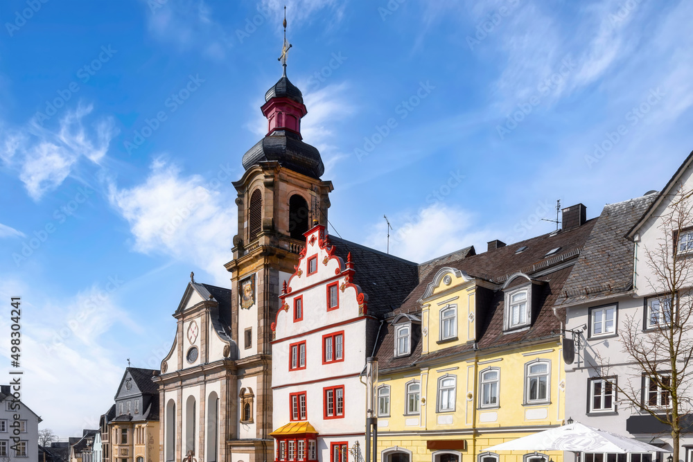 Fototapeta premium Beautiful old town and church Maria Himmelfahrt in Hachenburg, Westerwald, Germany