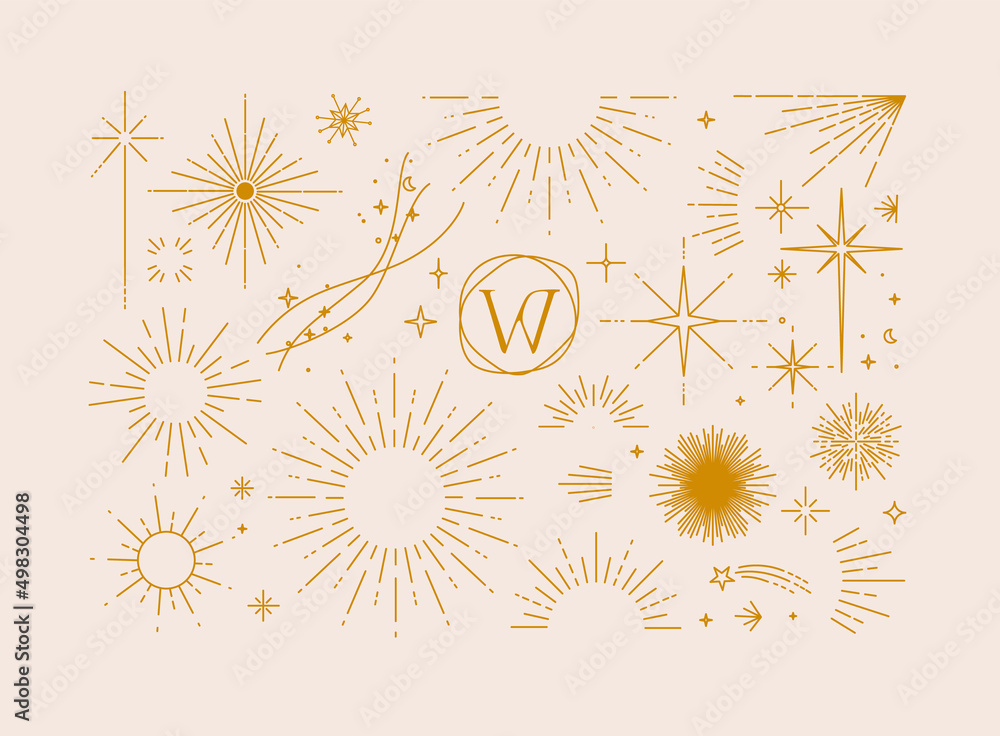 Set of flat design elements sun, sunset, sunbeams, stars borders, frame in modern line drawing with pink color lines on beige background