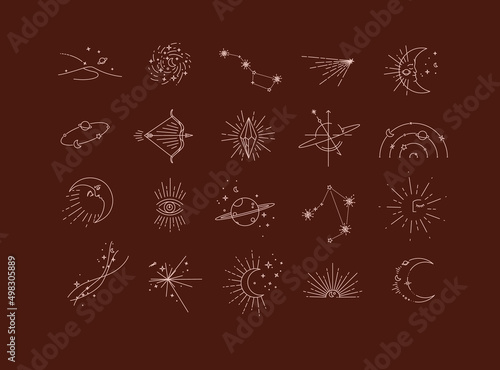 Flat elegance astrology signs landscape, galaxy, constellation, comet, moon, orbit, bow, arrows, crystal, eye, Saturn, star, stars, sun, particles, particle, sunset, space modern line style red color