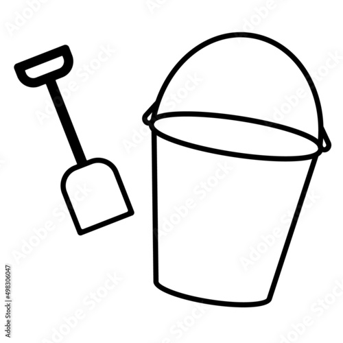 Beach bucket and toy spade outline icon. Clipart image isolated on white background