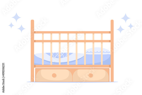 Baby wooden crib cradle with pillow, mattress and protective grilles. Baby cot, baby bed. Interior for nursery. Products for children. Vector illustration