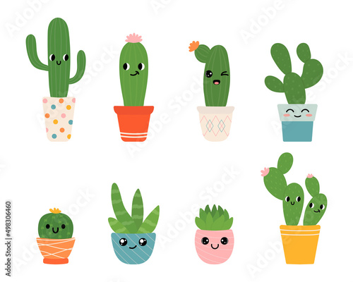 Cute cactus plant in pots with cute faces. Indoor plants in a flat style. Vector illustration set.