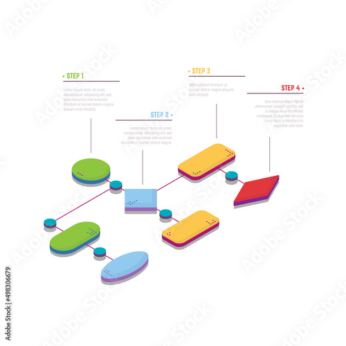 Isometric block scheme with steps. Four steps with description and text. Diagram for business search solution. Analysis design. Flat style isometric vector illustration.