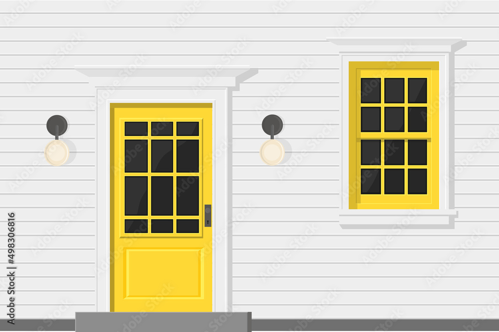 Fototapeta premium white wooden house with yellow door and yellow window