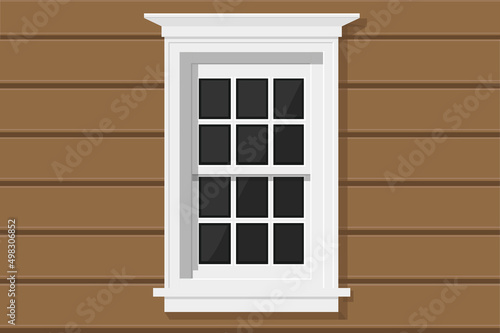 white wooden window with glass in a beige wooden house