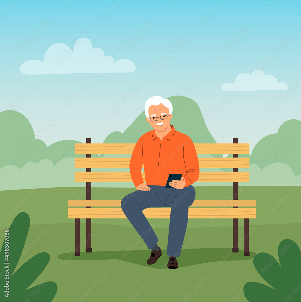 Elderly man sitting on the bench with smartphone. Vector flat cartoon style illustration Elderly man sitting on the bench with smartphone. Vector flat cartoon style illustration