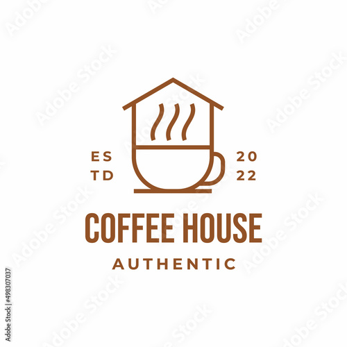 Retro Line art coffee and house logo design vector illustration