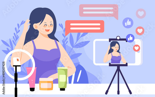 Anchorman explaining beauty techniques during make-up on live broadcast, vector illustration
