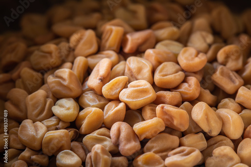 Fenugreek seeds which is a common ingredient used in Indian cooking. Macro view of fenugreek seeds. Selective focus
