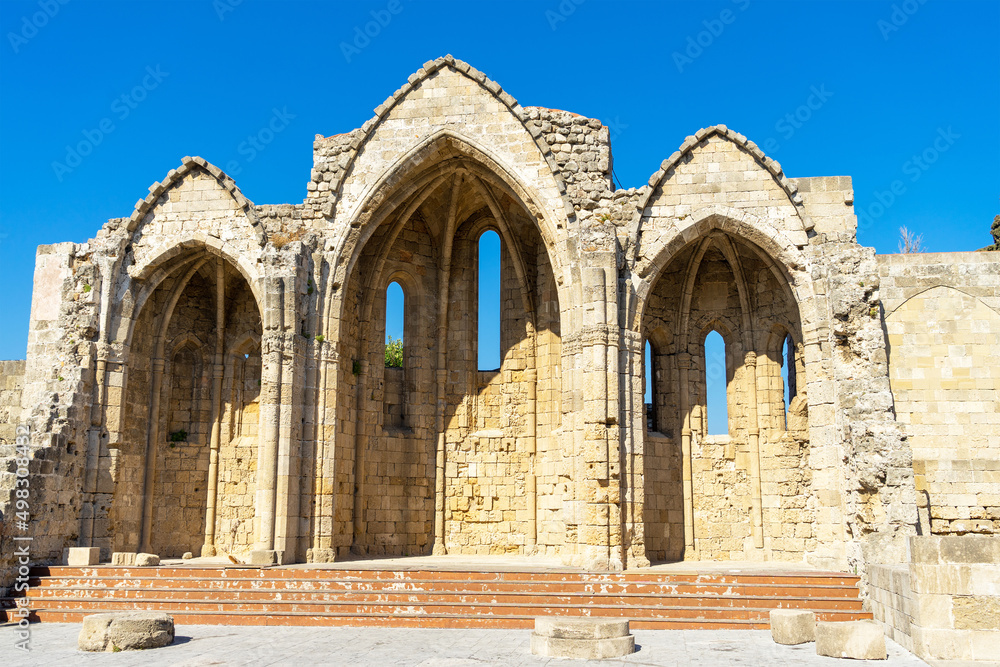 Ruins of the choir of the gothic church of the Virgin of the Burgh in the medieval city of Rhodes, Island of Rhodes, Greece