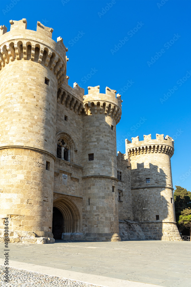 Palace of the Grand Master of the Knights of Rhodes or Kastello. Medieval castle in the city of Rhodes, on the island of Rhodes in Greece. Citadel of the Knights Hospitaller. Vertical image