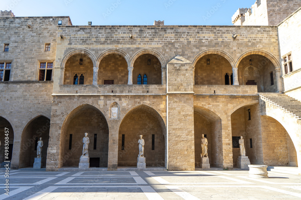Courtyard of Palace of the Grand Master of the Knights of Rhodes or Kastello. Medieval castle in the city of Rhodes, on the island of Rhodes in Greece. Citadel of the Knights Hospitaller