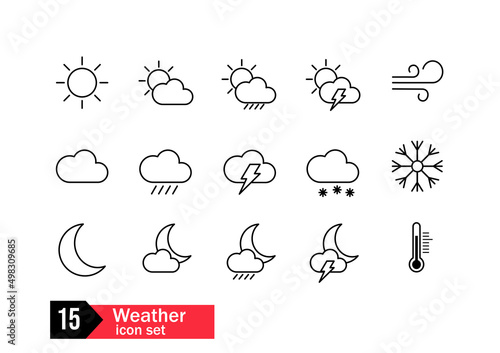 zestaw ikon pogoda, słońce, deszcz, burza, księżyc, szron, śnieg, wiatr
