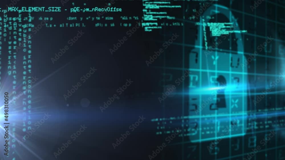 Security padlock icon and data processing against spot of light on black background Security padlock icon and data processing against spot of light on black background
