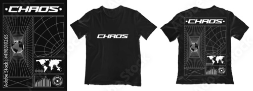 Modern poster with text "Chaos". In Techno style, print for streetwear, for t-shirts, hoodies, and sweatshirts. Isolated on black background