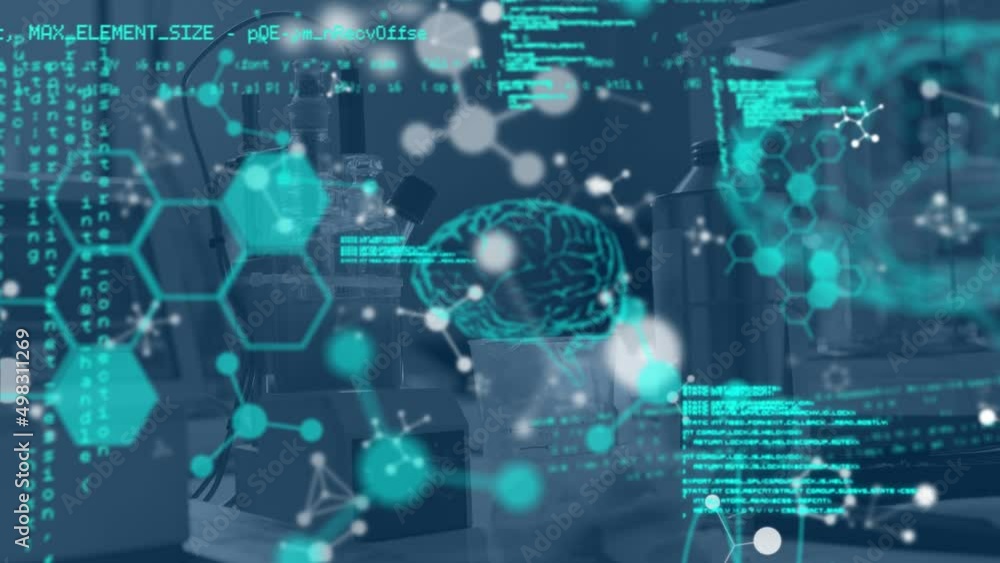 Composition of data processing and chemical structures against empty laboratory in background