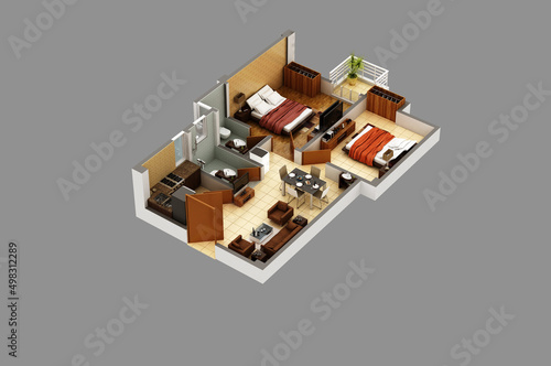 Floor plan top view. Residential apartment interior isolated on light grey background. 3D render Isometric View © Chaitali midyachai11
