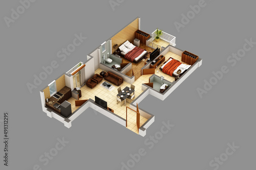 Floor plan top view. Residential apartment interior isolated on light grey background. 3D render Isometric View