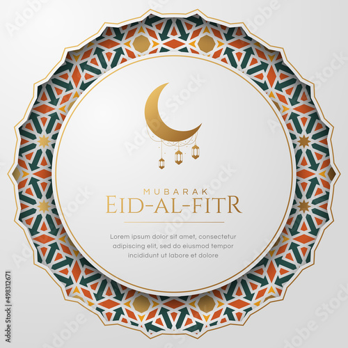 Eid Al-Fitr, Ramadan, Islamic Arabic White Arabesque Mosaic Pattern Background with Round Ornament Frame