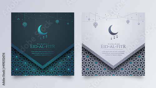 Eid Al-Fitr Mubarak, Ramadan Kareem, Islamic Style Greeting Background Collection Set with Arabic Ornaments