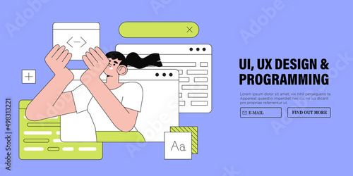 Business woman, smm manager, programmer. Freelancer working on web and application development, design or redesign on computer or device interface. Software developers. Flat style vector illustration.