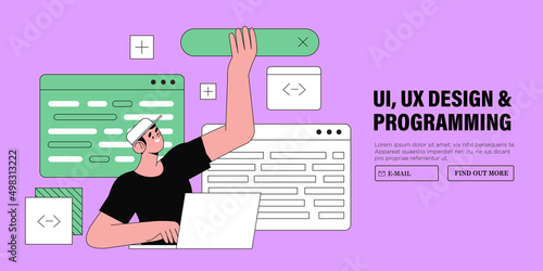 Business man, web designer, programmer. Freelancer work on web and ui application development, design or redesign on computer or device interface. Software developers. Flat style vector illustration.