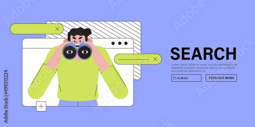 Curious man looking through binoculars. Business metaphore for search or research, development, web surfing and looking for new business or career opportunities. Trendy vector character illustration.