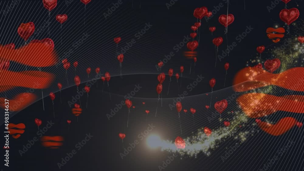Animation of light trail and heart balloons on black background Animation of light trail and heart balloons on black background