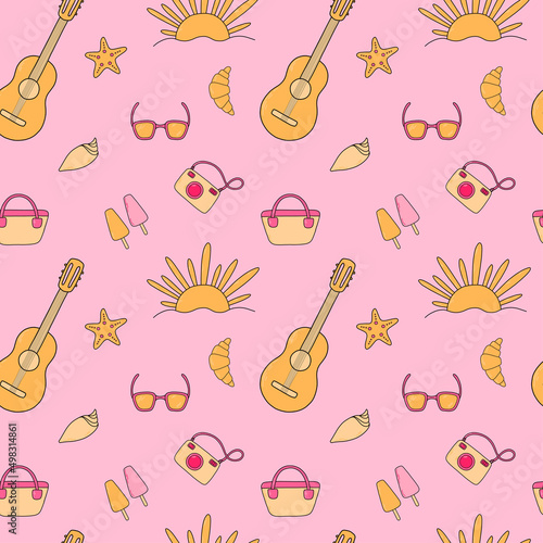 Colorful seamless summer pattern with hand drawn elements such as sunglasses, bag, ice cream, sun, guitar, camera, shells, fishstar. Fashion print design, vector illustration in yellow, pink colors. photo