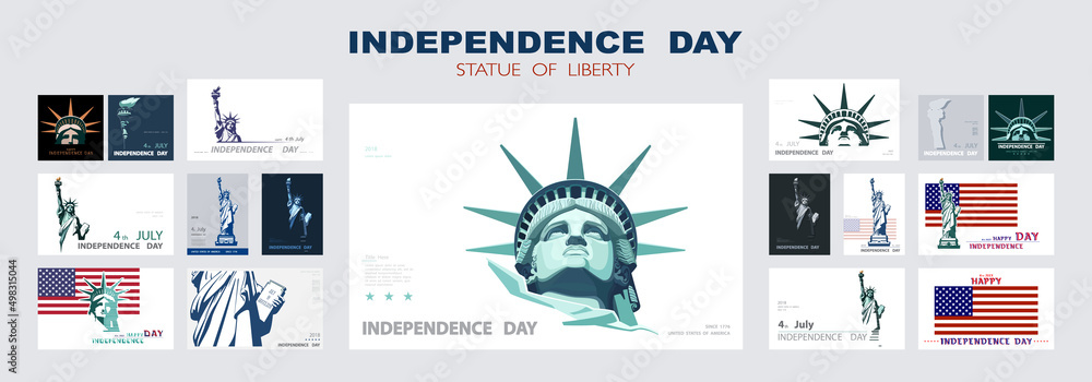 Independence day portrait Statue of Liberty, poster presentation. Set of green flat design templates. USA flag Holiday. The national symbol of America New York, banner.Name of advertising text, vector