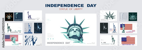 Independence day portrait Statue of Liberty, poster presentation. Set of green flat design templates. USA flag Holiday. The national symbol of America New York, banner.Name of advertising text, vector