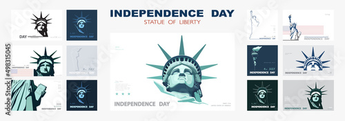 Independence day portrait Statue of Liberty, poster presentation. Set of green flat design templates. USA flag Holiday. The national symbol of America New York, banner.Name of advertising text, vector