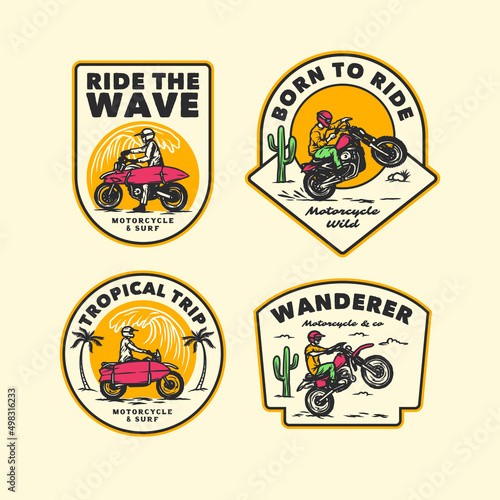 Set Hand Drawn Vintage Adventure Motorcycle Club Logo Label Badge