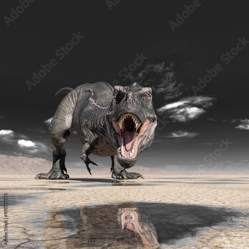 tyrannosaurus rex is drinking water on desert