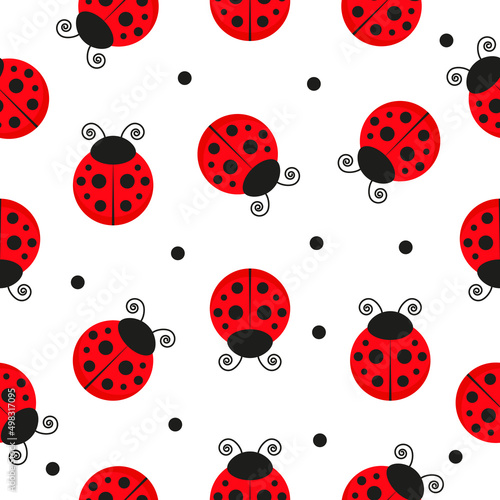 Ladybug seamless pattern. Ladybirds insects flying. Vector isolated on white background.
