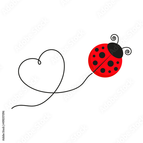 Ladybug with heart shape line. Cute ladybird with line route. Vector illustration isolated on white.